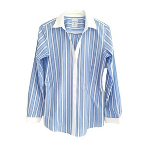 Women's Blue Striped Button-Up Shirt with White Collar